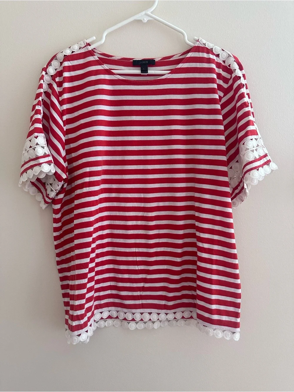 J. Crew Red & White Striped Lace-Trim Short Sleeve Tee